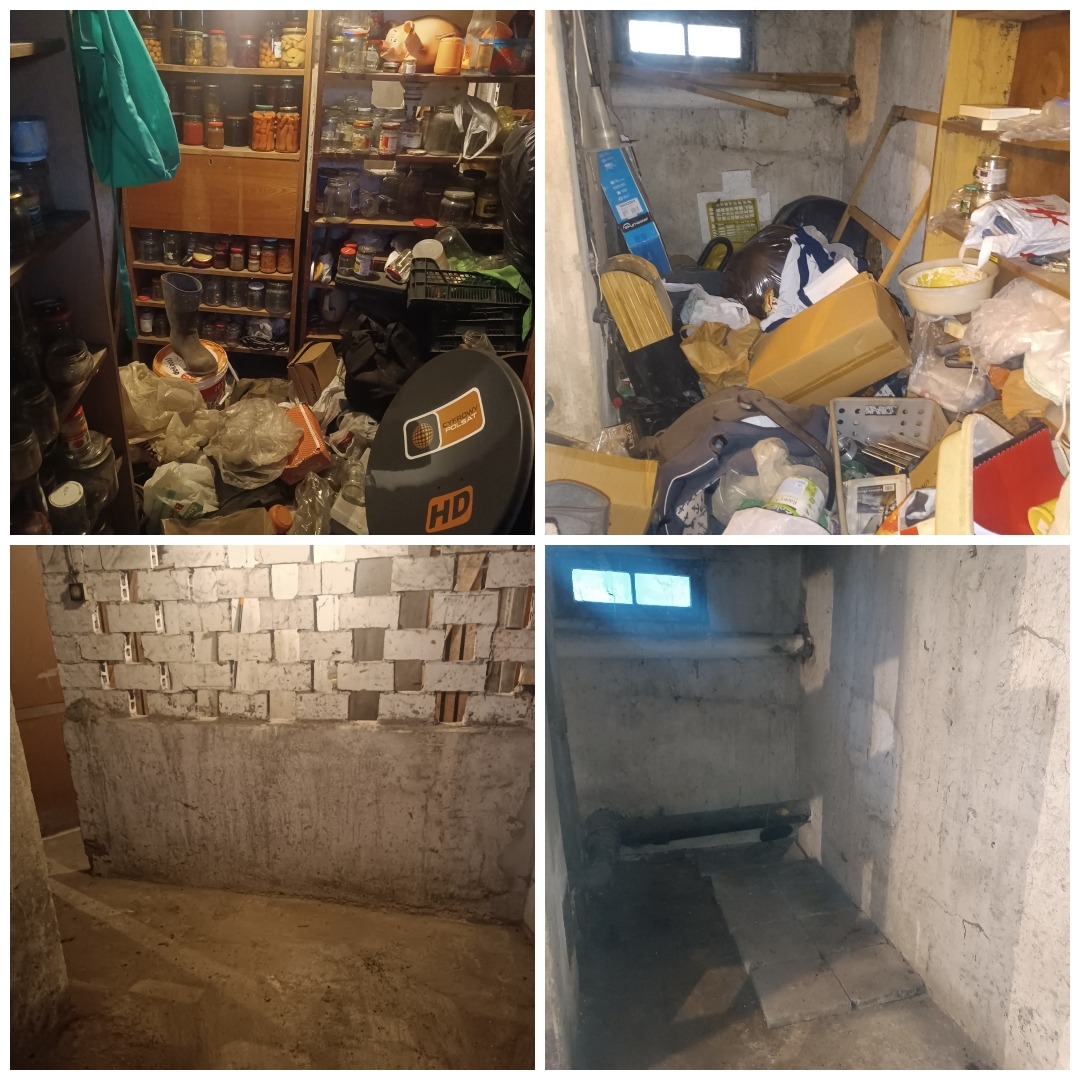 Kolaż czterech zdjęć przedstawiających zagracone wnętrza: piwnica z półkami pełnymi słoików, pomieszczenie z kartonami i sprzętami, fragment ściany z cegieł i betonową podstawą, oraz ciemna piwnica...