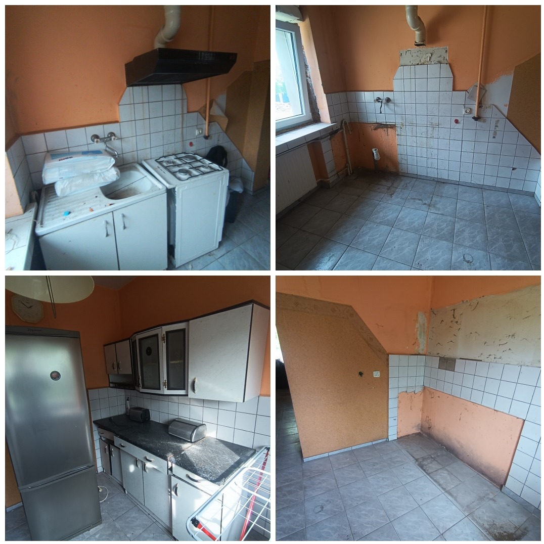 Cztery ujęcia kuchni przed remontem: widoczne stare meble, płytki częściowo usunięte, ściany w kolorze brzoskwiniowym, brak porządku.