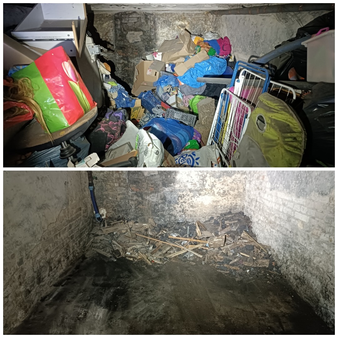 Piwnica przed i po opróżnianiu: górna część zdjęcia przedstawia zagracone pomieszczenie z workami, kartonami i suszarką na ubrania, dolna część ukazuje puste, zabrudzone pomieszczenie z resztkami...