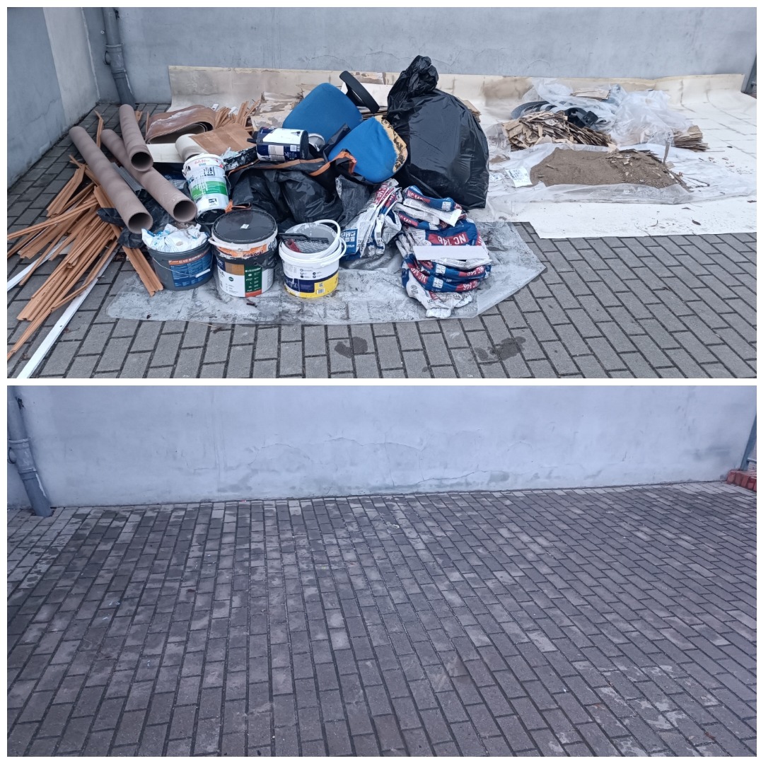 Sterta odpadów budowlanych, w tym rury PCV, worki z zaprawą, puszki po farbach i inne śmieci, ułożona na folii na brukowanym podłożu, przed szarą ścianą. Zdjęcie przed i po sprzątaniu.