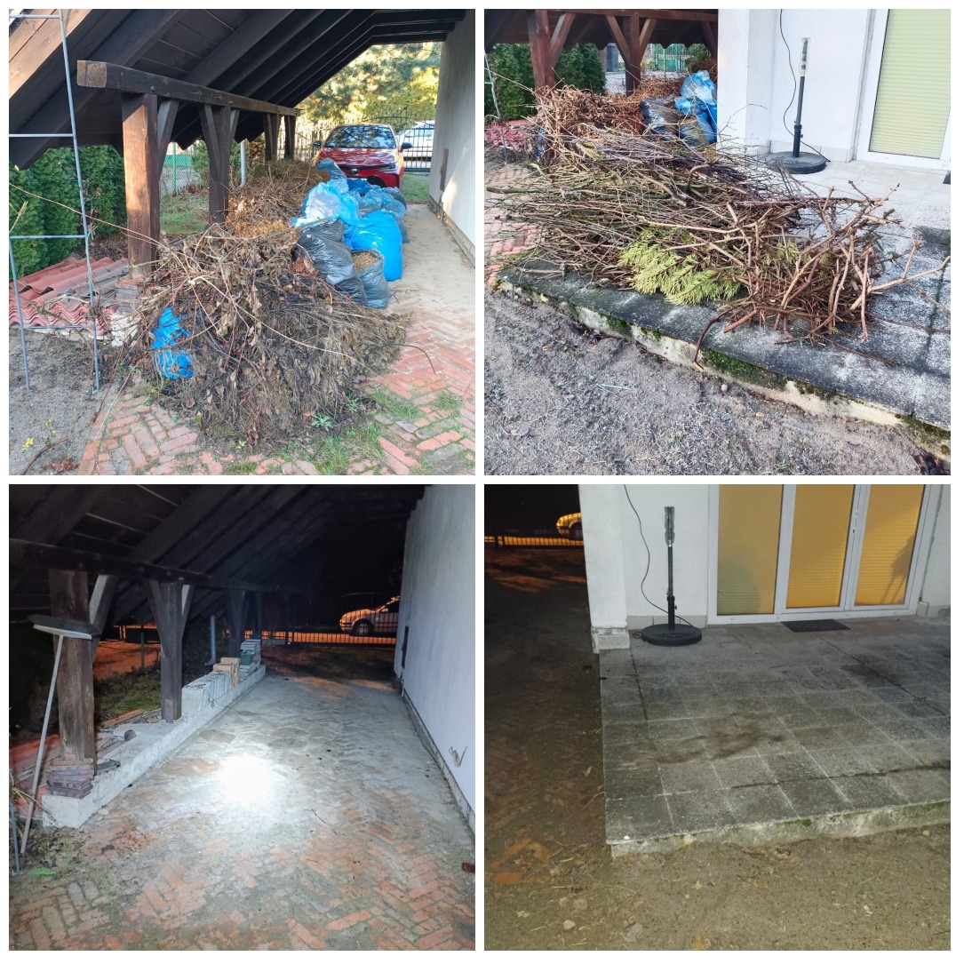 Stosy suchych gałęzi i liści przygotowane do transportu, częściowo spakowane w niebieskie worki na tle zadaszenia i ceglanego podłoża, widoczny również fragment budynku z szarą kostką brukową.
