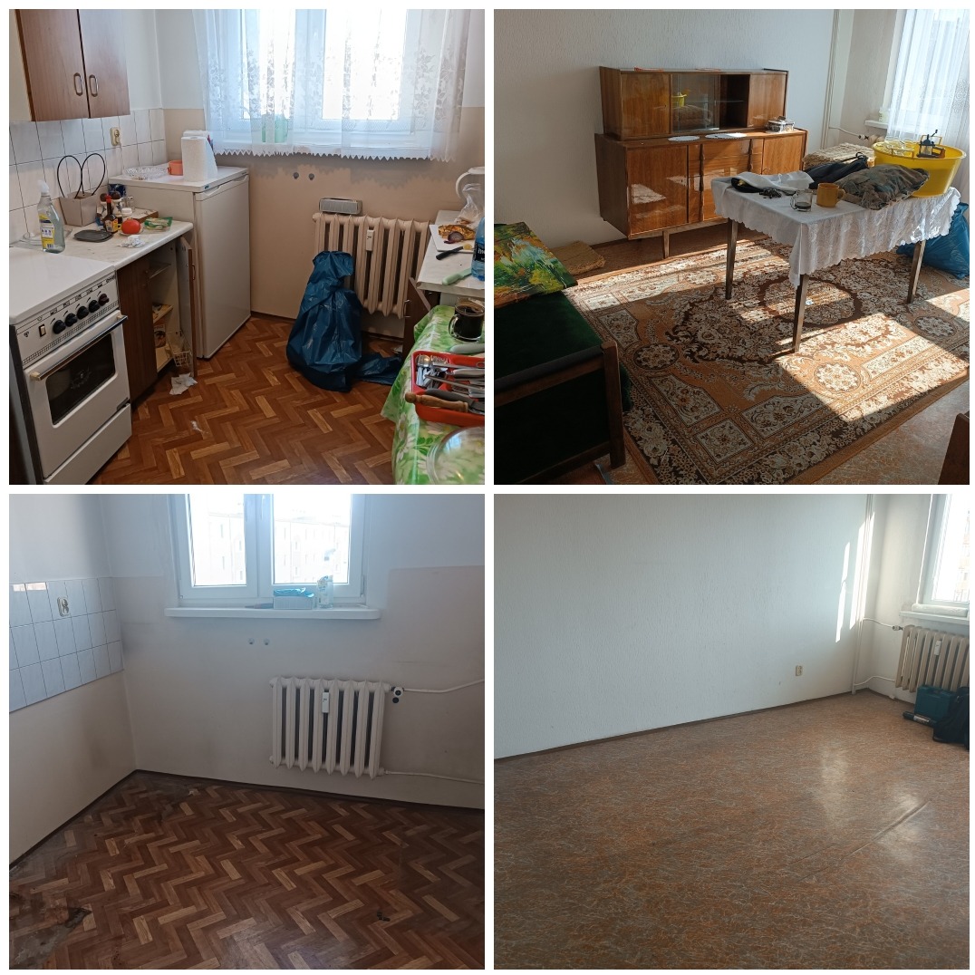 Cztery kadry z mieszkania przed i po opróżnianiu: zagracona kuchnia z workiem na śmieci, pokój z meblami pod częściowym demontażu, puste pomieszczenie z grzejnikiem i gołymi ścianami.