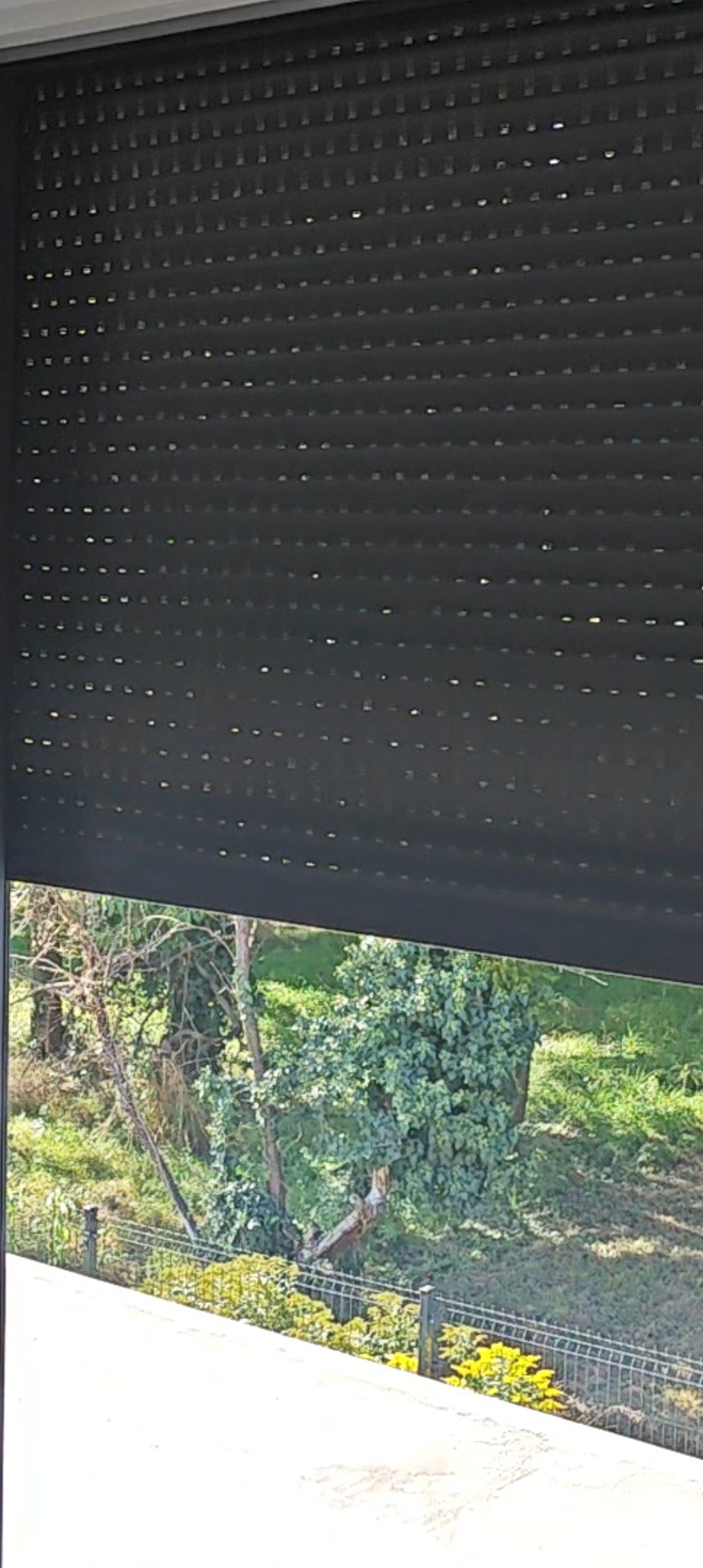 Częściowo opuszczona, perforowana, czarna roleta zewnętrzna zasłaniająca widok na zieleń ogrodu z żółtymi kwiatami, widziana z wnętrza budynku.