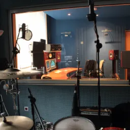 Widok zza szyby na reżyserkę studia nagrań z biurkiem w kształcie nerki, odsłuchami i dwoma monitorami z widocznym oprogramowaniem DAW, na pierwszym planie perkusja z talerzami i mikrofonami.