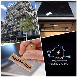 Szteker Elektryka - Kolaż: nowoczesny budynek mieszkalny, płyta indukcyjna nad piekarnikiem, stempel z napisem 'GWARANCJA' oraz logo firmy elektrycznej SzTeKeR.