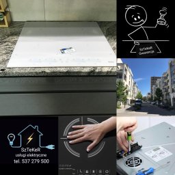 Szteker Elektryka - Kolaż: biała płyta indukcyjna Amica na blacie, logo firmy elektrycznej, wizualizacja działania płyty dotykowej, ulica z budynkami mieszkalnymi, schemat gwarancji, montaż płyty od spodu.