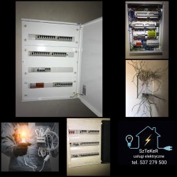 Szteker Elektryka - Zestawienie zdjęć: otwarta skrzynka bezpiecznikowa z widocznymi bezpiecznikami, wnętrze skrzynki z okablowaniem, instalacja elektryczna w ścianie z wystającymi przewodami, elektryk trzymający...