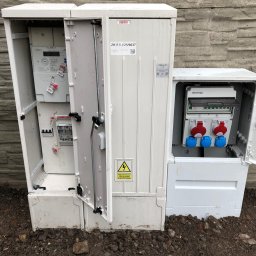 Szteker Elektryka - Otwarta skrzynka elektryczna z licznikiem i bezpiecznikami, widoczne gniazda siłowe, naklejka ostrzegawcza o zagrożeniu porażeniem elektrycznym, całość umieszczona na ziemi przy betonowym murze.