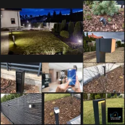 Zestawienie zdjęć z różnymi typami oświetlenia ogrodowego: niskie reflektory punktowe, słupki oświetleniowe wzdłuż ścieżki i na trawniku, oświetlenie elewacyjne na drewnianym ogrodzeniu,...