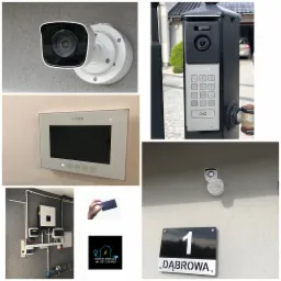 Zestawienie elementów systemu zabezpieczeń: kamera IP na elewacji, panel wewnętrzny wideodomofonu marki Vidos, panel zewnętrzny z klawiaturą numeryczną przy bramie, instalacja fotowoltaiczna...
