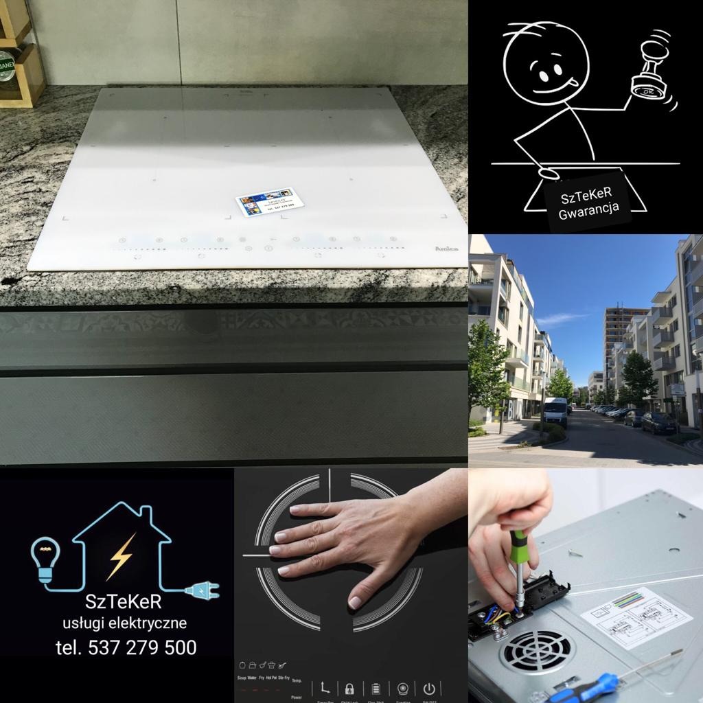 Kolaż: biała płyta indukcyjna Amica na blacie, logo firmy elektrycznej, wizualizacja działania płyty dotykowej, ulica z budynkami mieszkalnymi, schemat gwarancji, montaż płyty od spodu.