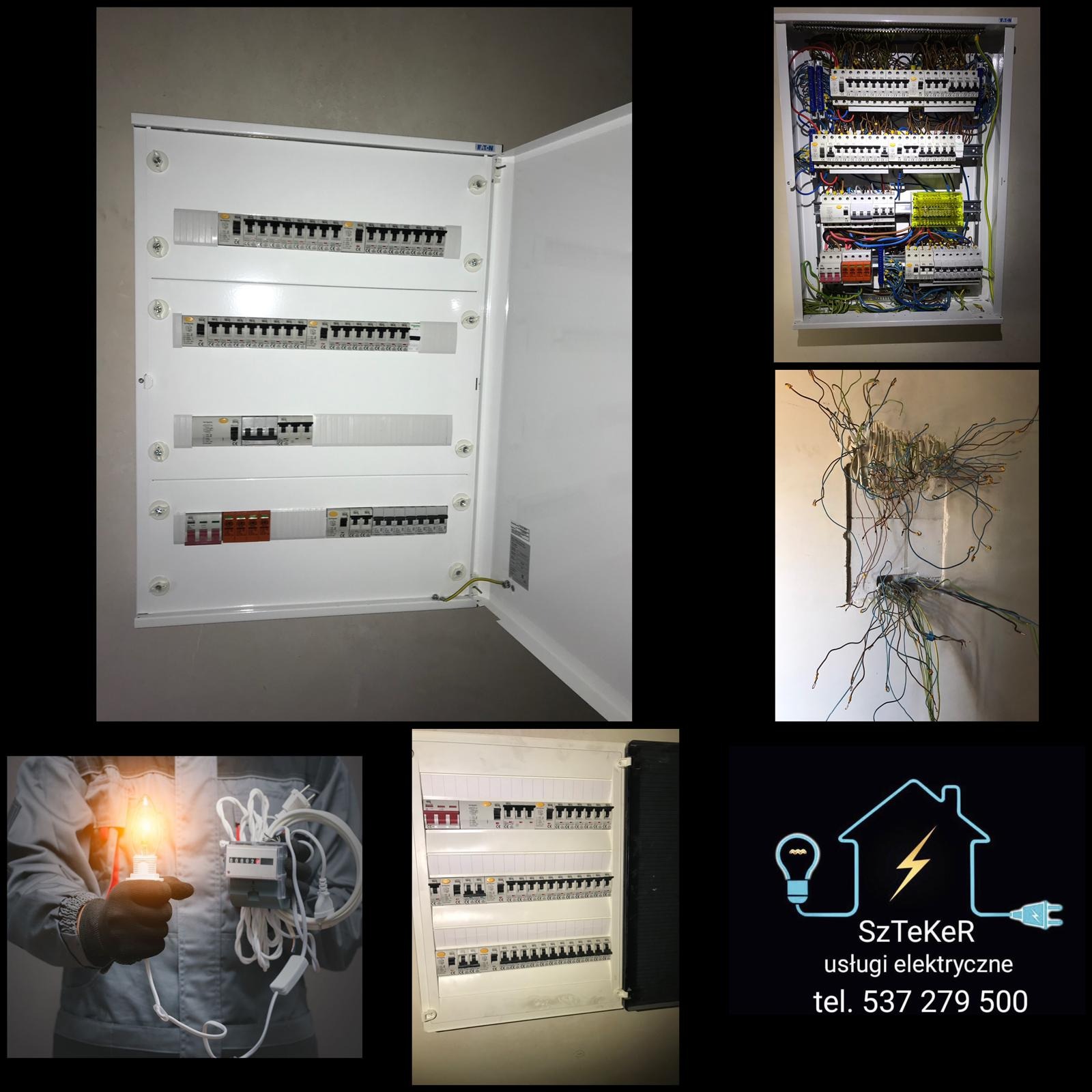Zestawienie zdjęć: otwarta skrzynka bezpiecznikowa z widocznymi bezpiecznikami, wnętrze skrzynki z okablowaniem, instalacja elektryczna w ścianie z wystającymi przewodami, elektryk trzymający...