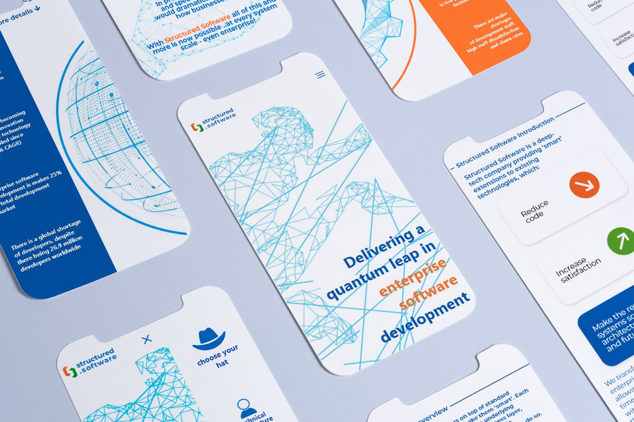 Grafika przedstawia kilka kart prezentujących interfejs i koncepcję oprogramowania dla przedsiębiorstw, z naciskiem na innowacyjność i rozwój, wykorzystując motyw kwantowego skoku i poprawy...