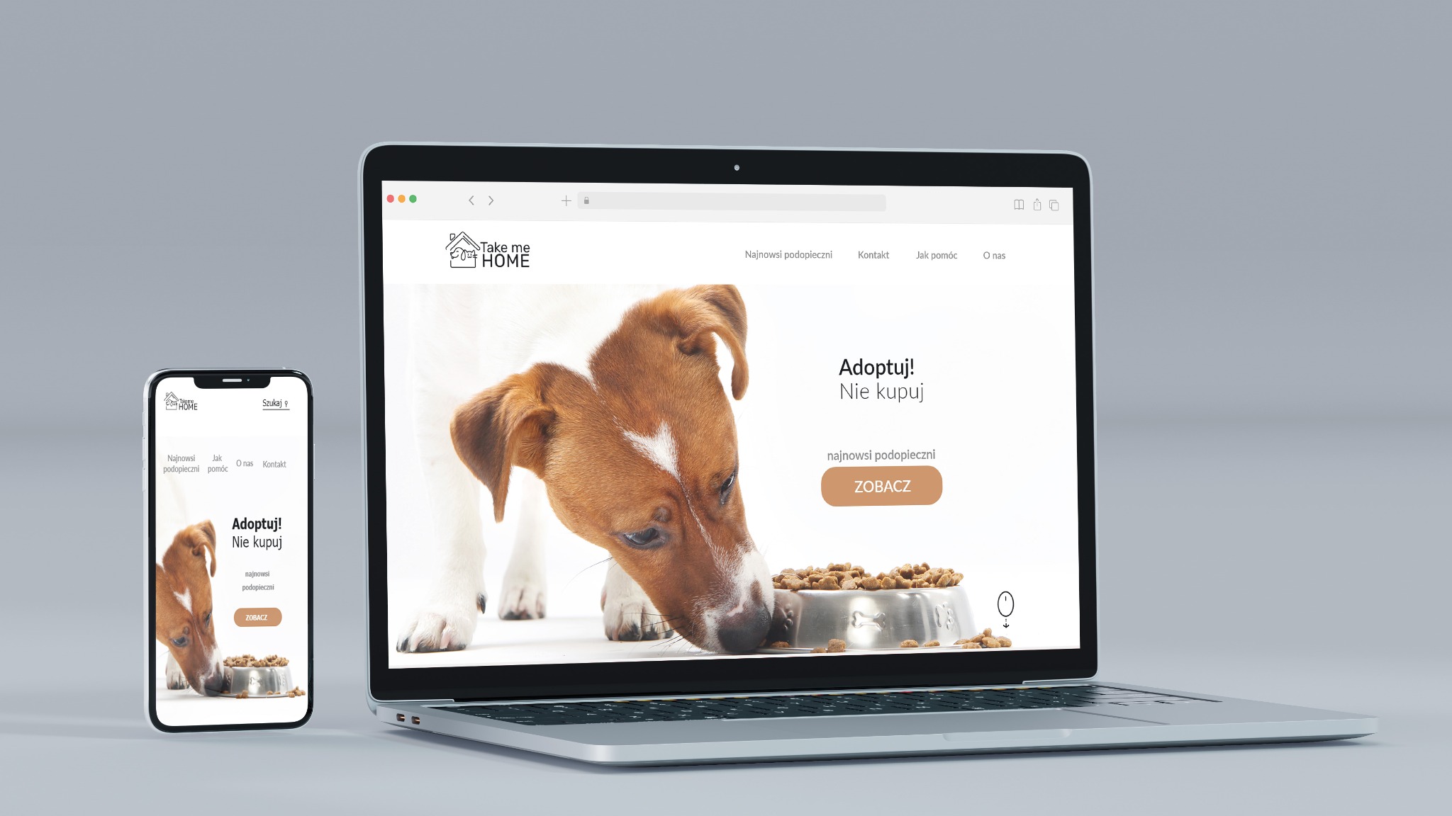 Responsywna strona internetowa z motywem adopcji zwierząt, wyświetlana na laptopie i smartfonie, z psem rasy Jack Russell Terrier jedzącym z miski, na minimalistycznym, jasnym tle.