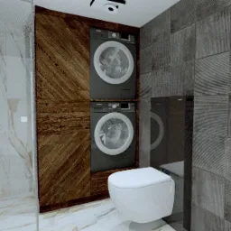 Nowoczesna łazienka z podwieszaną toaletą, dwiema pralkami jedna nad drugą w zabudowie z drewnianą okleiną ułożoną w jodełkę, oraz szare płytki imitujące beton.