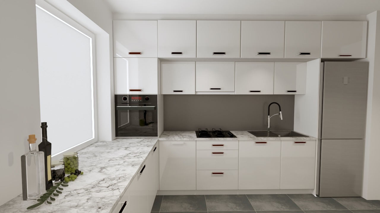 Nowoczesna, biała kuchnia z marmurowym blatem, czarnymi uchwytami i srebrną lodówką. Na blacie butelki z oliwą i słoiki z oliwkami.