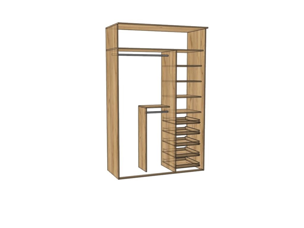 Wizualizacja 3D garderoby z jasnego drewna z drążkami na ubrania i półkami oraz wysuwanymi szufladami.