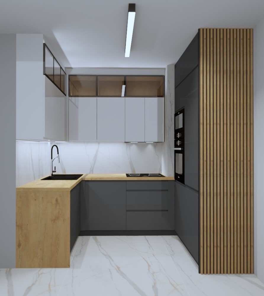 Wizualizacja kuchni: białe szafki górne z przeszklonymi frontami, szare szafki dolne, drewniany blat, marmurowe ściany i podłoga, pionowe drewniane panele dekoracyjne.