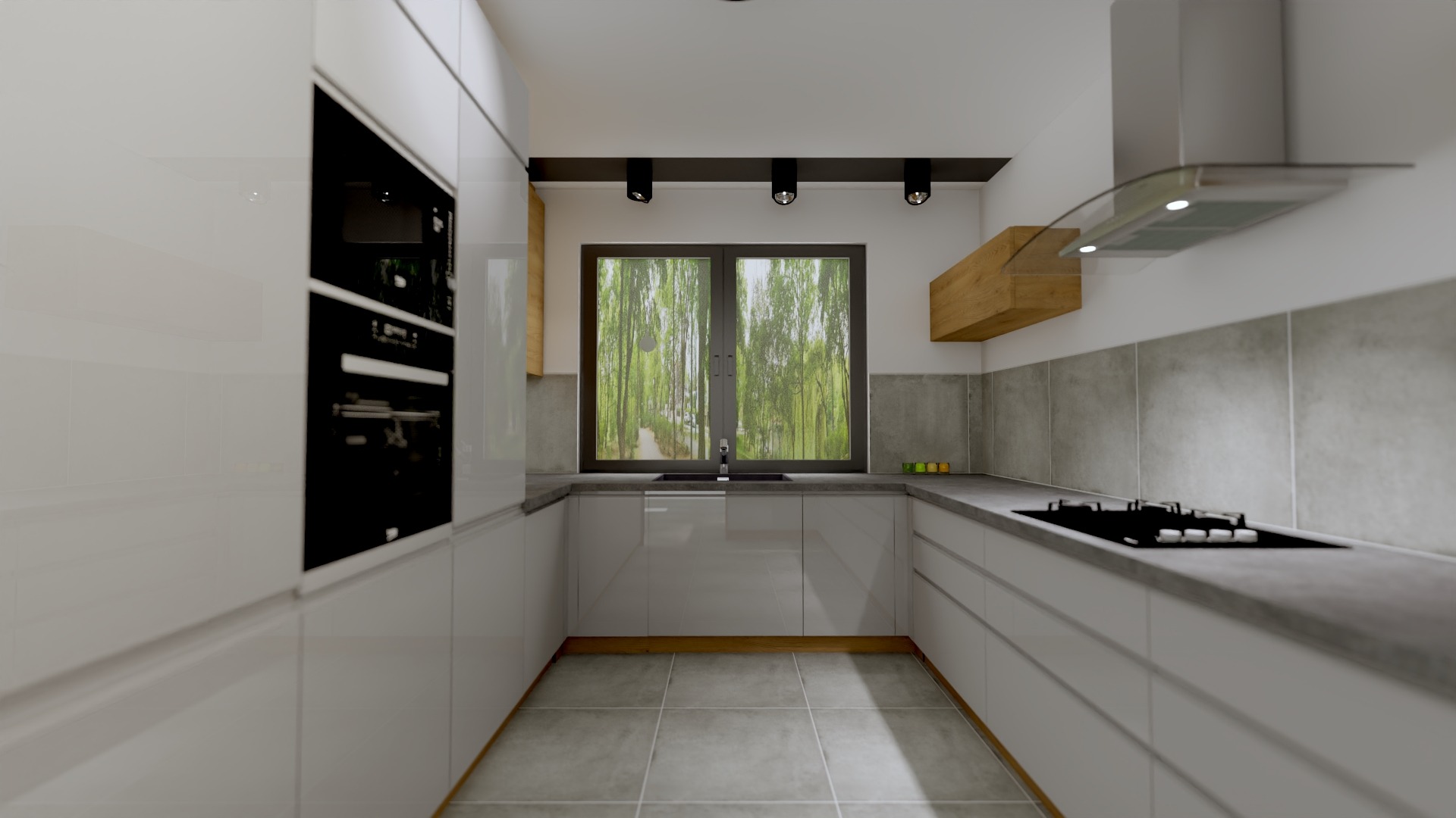 Wizualizacja nowoczesnej kuchni w odcieniach bieli i szarości, z błyszczącymi frontami szafek, drewnianymi półkami i widokiem na zielony ogród za oknem.