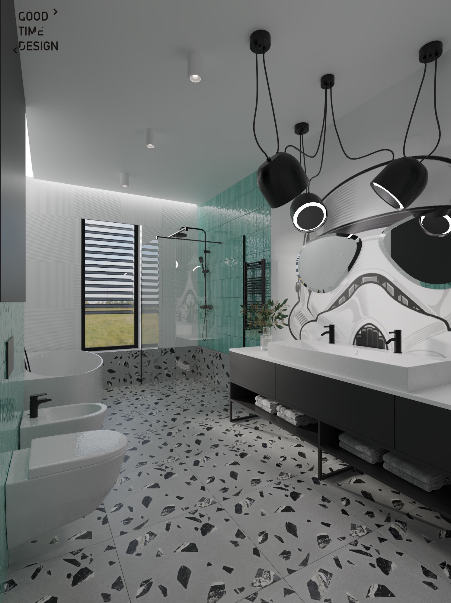 Nowoczesna łazienka z turkusowymi akcentami, mozaikową podłogą, wanną wolnostojącą i umywalką z lustrami w kształcie hełmu szturmowca, oświetlona wiszącymi lampami.