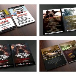 Digital Fire - Zestaw czterech par ulotek i folderów reklamowych, każda para przedstawia inną tematykę: lokalny portal informacyjny, zawody strzeleckie, obóz Muay Thai oraz ofertę cateringową, ułożone...