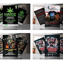 Digital Fire - Kompozycja czterech różnych projektów ulotek i plakatów reklamowych, z których jeden dotyczy marszu konopi, drugi marki odzieżowej, trzeci zawodnika MMA, a czwarty wydarzenia Muay Thai.