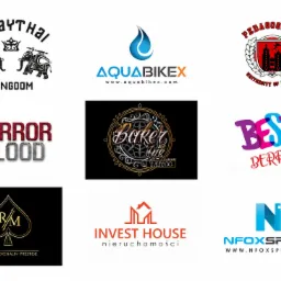 Zestaw różnorodnych logotypów firmowych, obejmujący style od minimalistycznych po bogato zdobione, w tym logo z motywami zwierzęcymi, wodnymi, heraldycznymi, typograficznymi i związanymi...