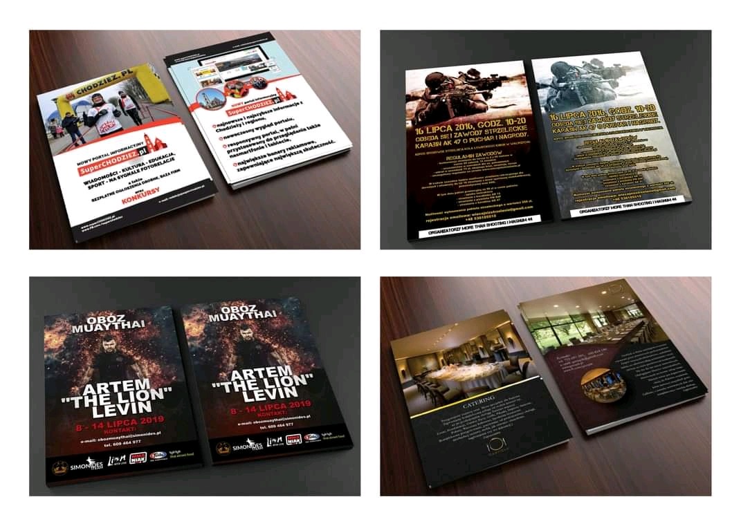 Zestaw czterech par ulotek i folderów reklamowych, każda para przedstawia inną tematykę: lokalny portal informacyjny, zawody strzeleckie, obóz Muay Thai oraz ofertę cateringową, ułożone...