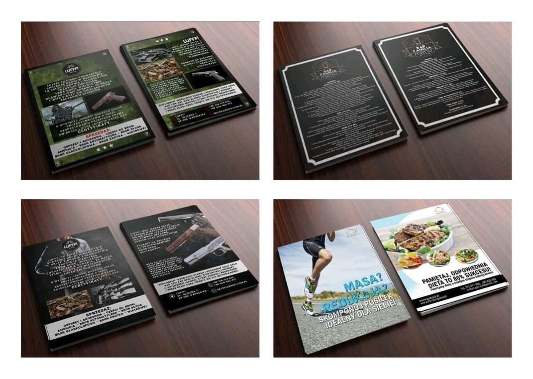 Przykłady różnorodnych projektów ulotek reklamowych i menu restauracji wykonanych w Zabrzu, prezentowane na drewnianej powierzchni, ukazujące zróżnicowane style i tematykę.