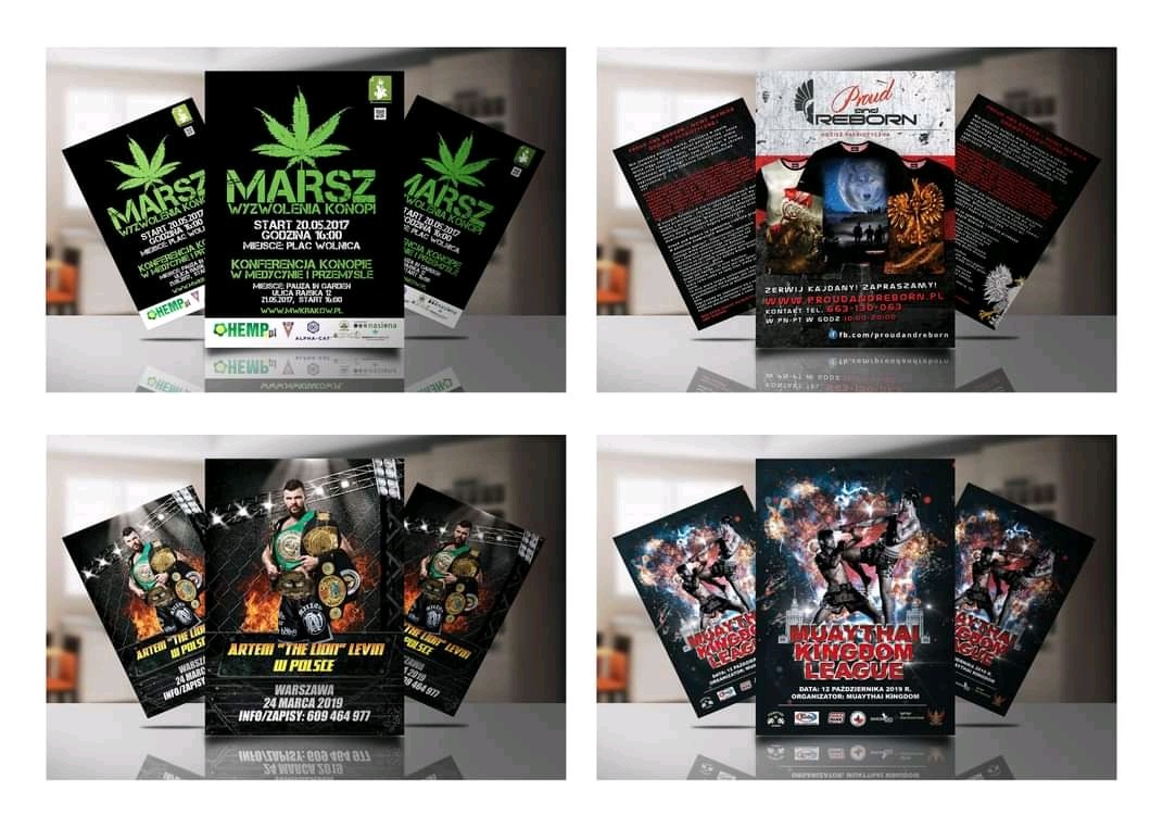 Kompozycja czterech różnych projektów ulotek i plakatów reklamowych, z których jeden dotyczy marszu konopi, drugi marki odzieżowej, trzeci zawodnika MMA, a czwarty wydarzenia Muay Thai.