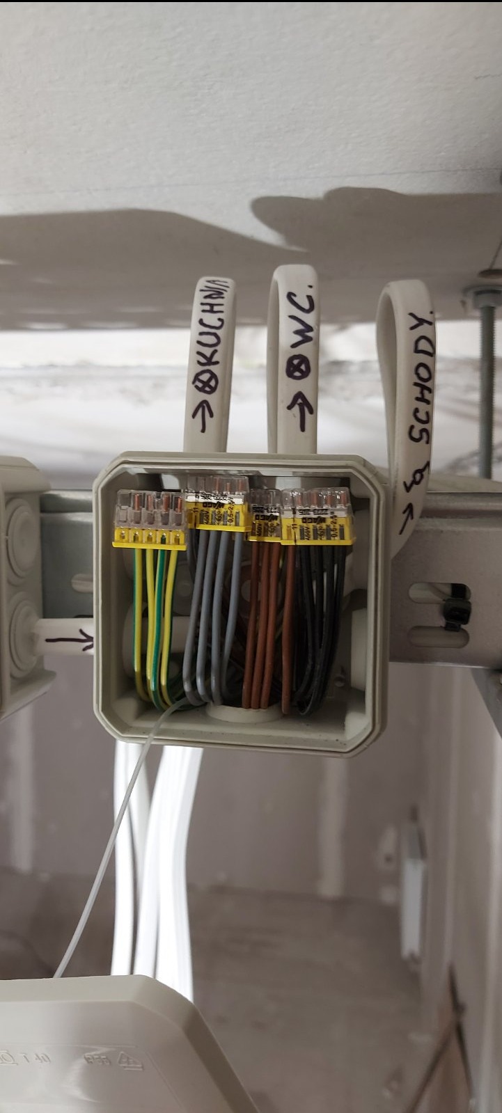 Rozdzielnica elektryczna z oznaczonymi przewodami do kuchni, WC i schodów, z użyciem złączek WAGO, zamontowana na szynie DIN.