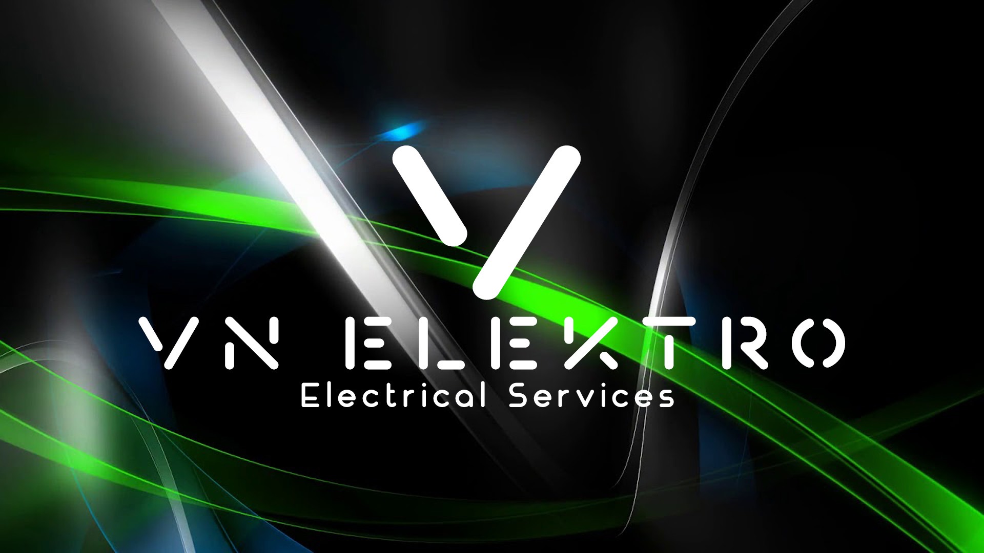 Graficzne logo VN Elektro Electrical Services na czarnym tle z abstrakcyjnymi zielonymi i białymi liniami.