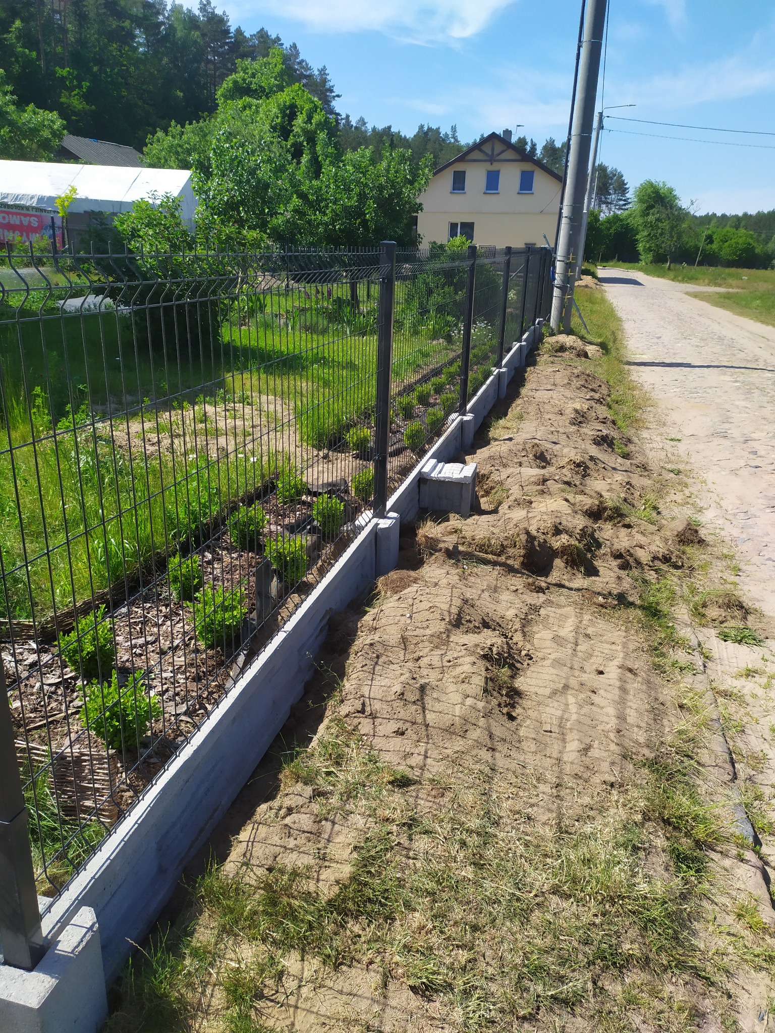Nowo postawione, czarne, metalowe ogrodzenie panelowe z podmurówką betonową, oddzielające posesję od polnej drogi. Widoczne świeżo nasadzone rośliny wzdłuż ogrodzenia i słup energetyczny w tle.