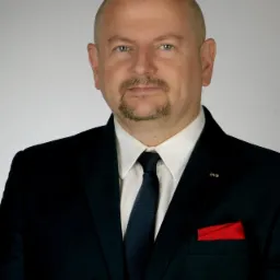 Portret mężczyzny w ciemnym garniturze z czerwoną poszetką, białą koszulą i ciemnym krawatem, na jasnym tle.