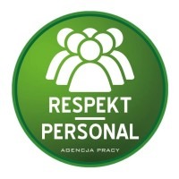 Zielona okrągła naklejka z białym napisem 'RESPEKT PERSONAL' i symbolem grupy osób, oznaczająca agencję pracy.