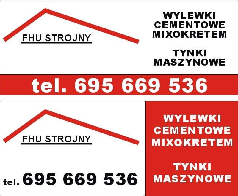 Wizytówka firmy FHU Strojny oferującej wylewki cementowe, mixokretem oraz tynki maszynowe, z numerem telefonu 695 669 536.