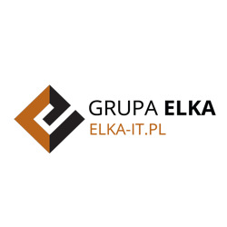 Logo firmy Grupa ELKA IT z adresem elka-it.pl, z geometrycznym symbolem w kolorach brązowo-czarnym po lewej stronie.