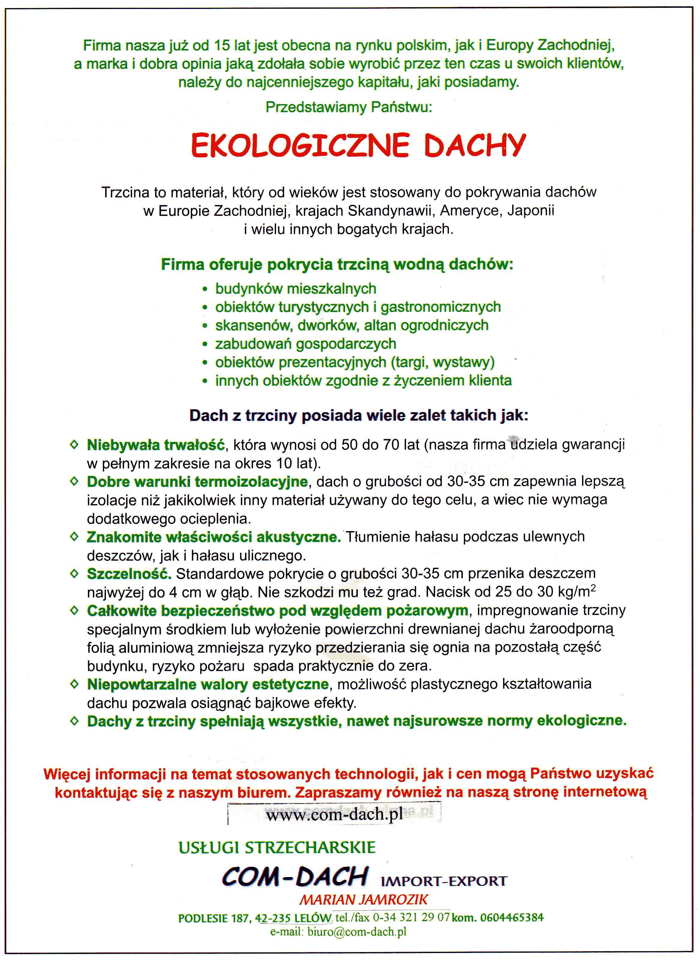 Skan dokumentu reklamowego firmy Com-Dach oferującej ekologiczne dachy z trzciny, z wyszczególnionymi zaletami i danymi kontaktowymi.