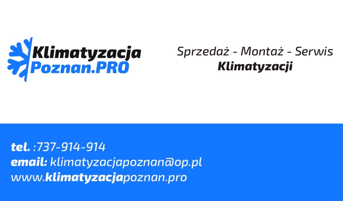 Logo firmy Klimatyzacja Poznan.PRO z niebieskim symbolem płatka śniegu, oferującej sprzedaż, montaż i serwis urządzeń, kontakt telefoniczny, adres email i strona internetowa na niebieskim tle.
