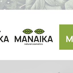 NRG ad - Wizualizacja marki naturalnych kosmetyków MANAIKA: logo na tle liści z kroplami, wariant logo z liśćmi, butelka z pompką i pudełko z minimalistycznym wzorem.