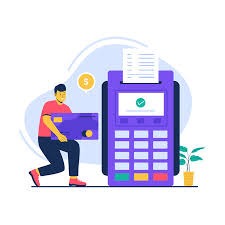 Grafika wektorowa przedstawiająca mężczyznę w koszulce i spodniach, klęczącego i trzymającego kartę płatniczą w kierunku fioletowego terminala płatniczego z wystającym paragonem, obok widoczny...