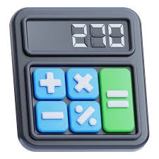 Stylizowany, trójwymiarowy kalkulator z wyświetlaczem pokazującym liczbę 200, niebieskimi przyciskami operacji matematycznych i zielonym przyciskiem równości.