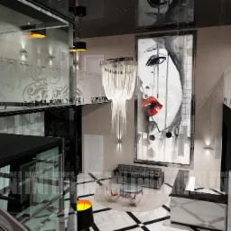 Wnętrze budynku usługowego z antresolą, z dekoracyjną balustradą, nowoczesnym oświetleniem, obrazem kobiety z czerwonymi ustami, czarną sofą i okrągłym dywanem.