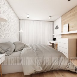More IN Architekci - Nowoczesna sypialnia z biało-szarą kolorystyką, wzorzysta tapeta z motywem liści na jednej ścianie, drewniana okładzina na drugiej, białe meble, biurko z laptopem i plakaty na półce.