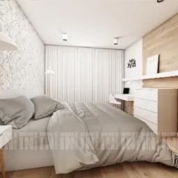 Nowoczesna sypialnia z biało-szarą kolorystyką, wzorzysta tapeta z motywem liści na jednej ścianie, drewniana okładzina na drugiej, białe meble, biurko z laptopem i plakaty na półce.