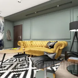 Wizualizacja salonu z żółtą sofą chesterfield, czarnym fotelem i dywanem w geometryczne wzory, ściana zdobiona muralem z portretem kobiety.