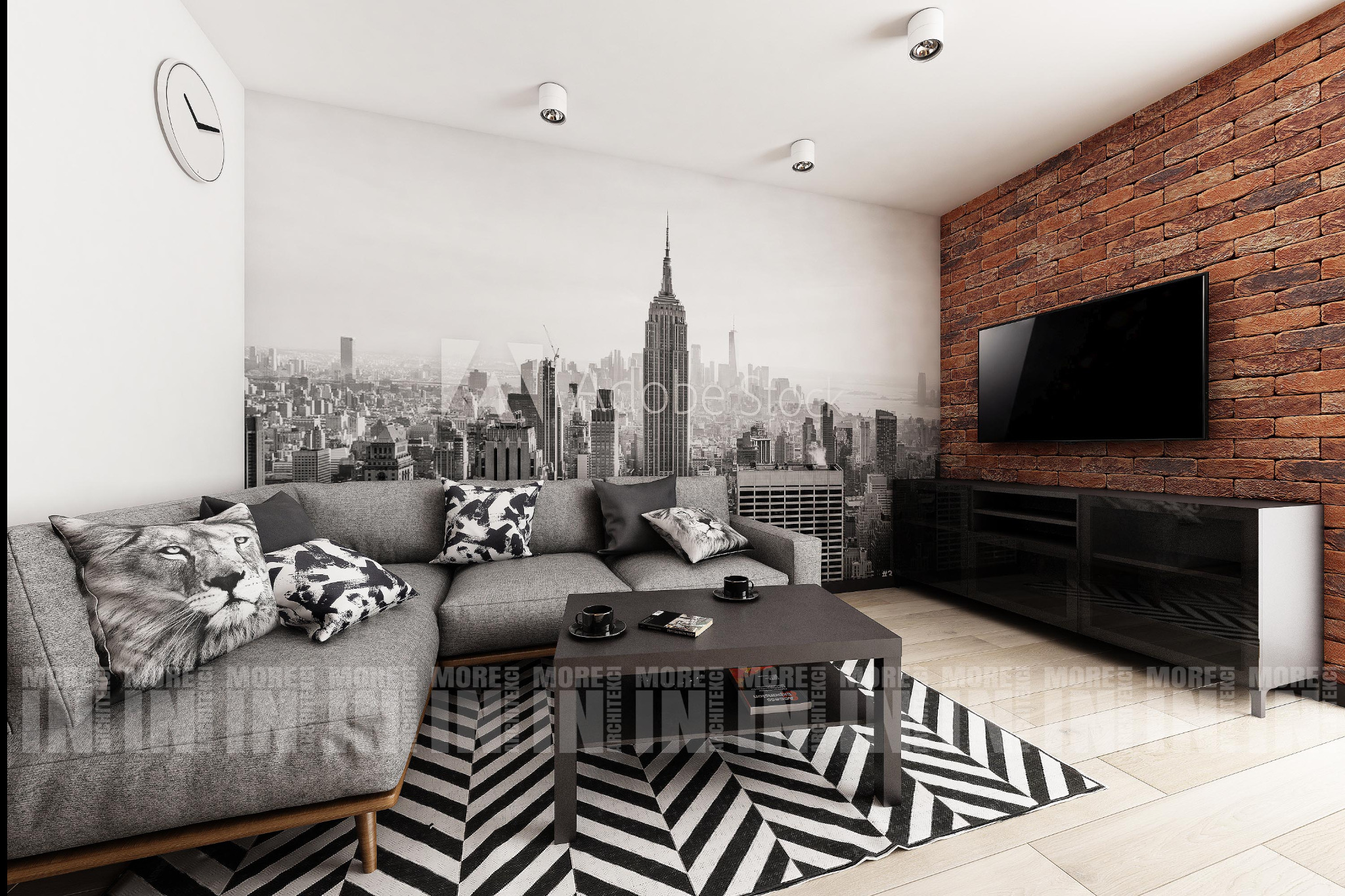 Nowoczesny salon z szarą sofą z poduszką w kształcie głowy lwa, stolikiem kawowym z czarnymi filiżankami, dywanem w czarno-białe zygzaki, ścianą z czerwonej cegły z telewizorem i tapetą z panoramą...