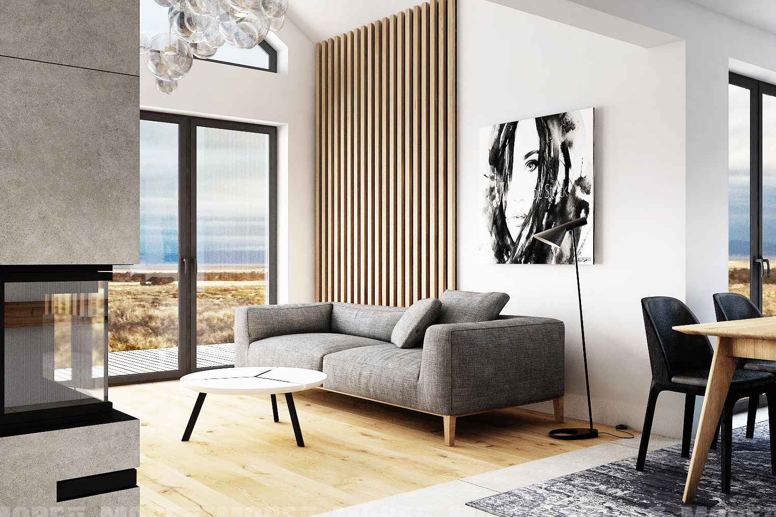 Nowoczesny salon z szarą sofą, okrągłym stolikiem kawowym, drewnianymi panelami ściennymi i abstrakcyjnym obrazem w czarno-białej kolorystyce.