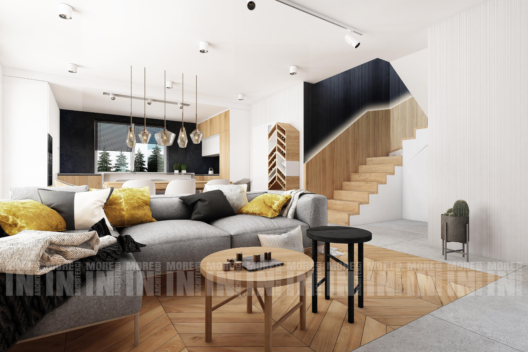 Jasne wnętrze domu z drewnianymi schodami i parkietem w jodełkę, szara sofa z żółtymi poduszkami, okrągły stolik kawowy z dekoracjami, widok na kuchnię z oknem na zieleń.