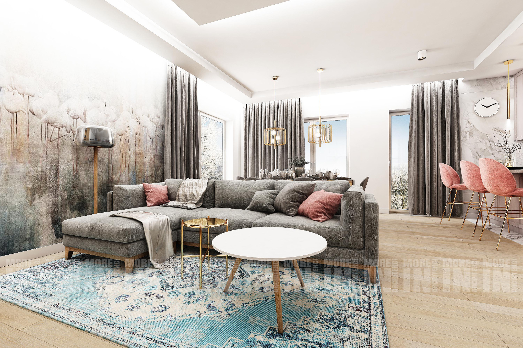 Nowoczesny salon z szarą sofą narożną, okrągłym białym stolikiem kawowym, wzorzystym dywanem w odcieniach błękitu i szarości oraz tapetą z motywem flamingów. W tle widoczne krzesła barowe w kolorze...